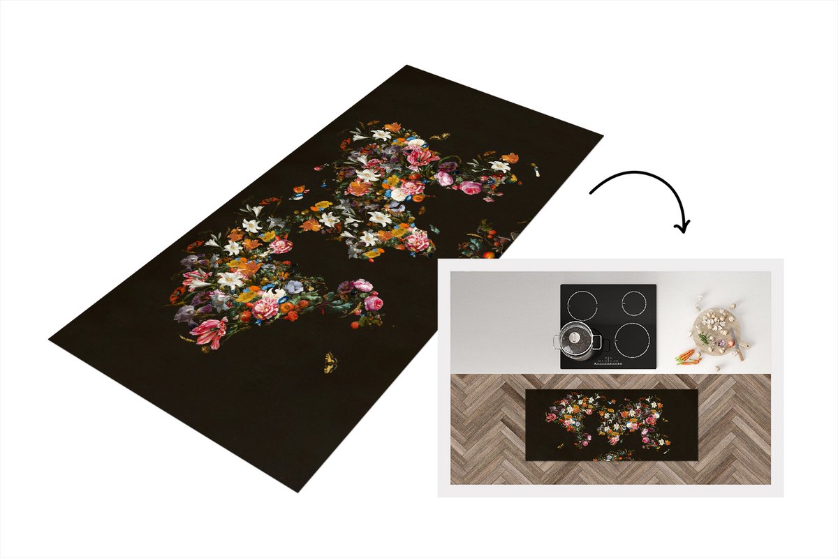 KitchenYeah Keukenloper - Loper keuken - Kaart - Bloemen - Zwart - 120x50 cm - Keukenloper vinyl Multicolor