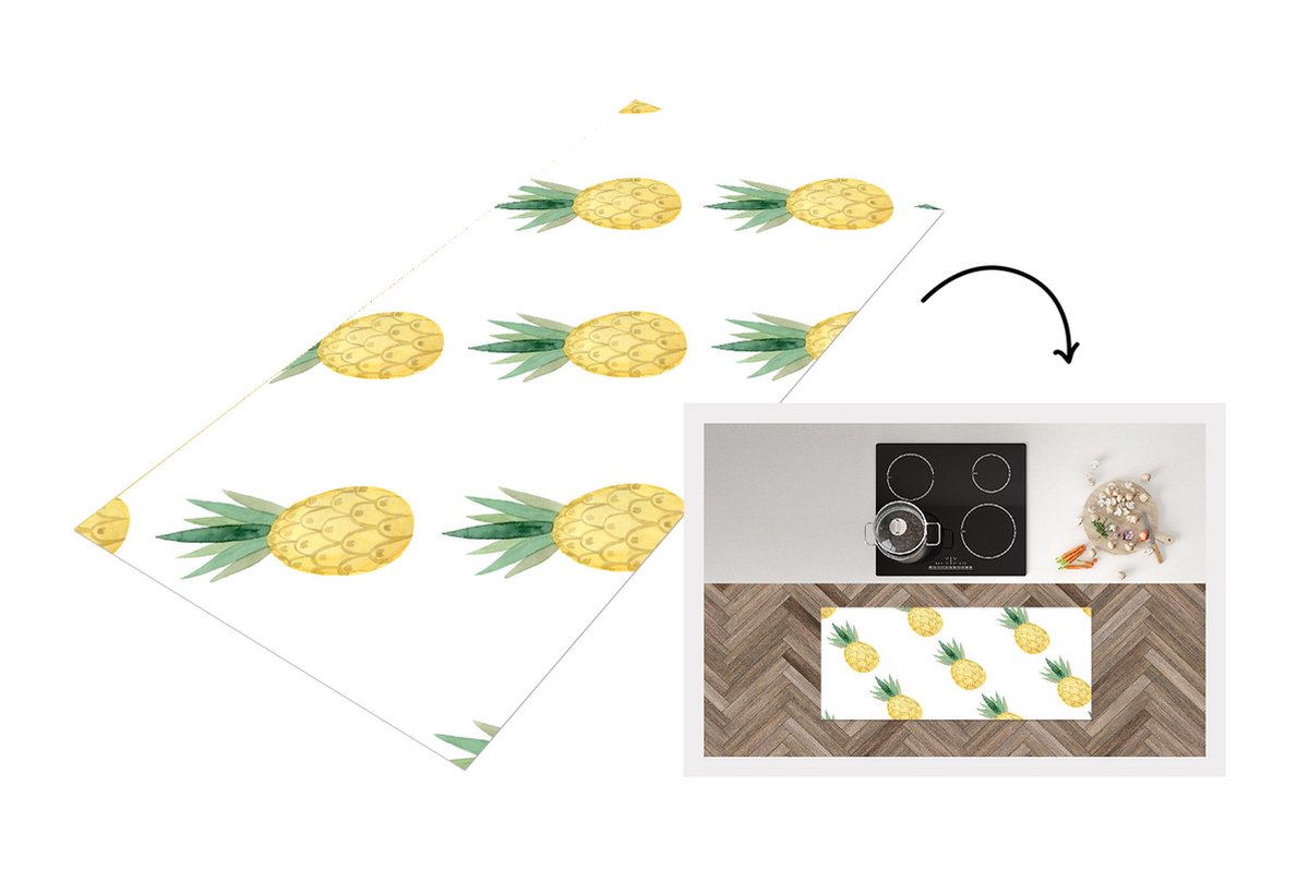 Keukenloper - Loper keuken - Ananas - Geel - Wit - Aquarelverf - 120x50 cm - Keukenloper v
