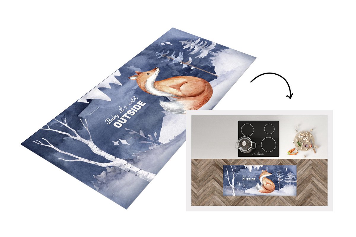 KitchenYeah Keukenloper - Loper keuken - Vos - Winter - Sneeuw - 120x50 cm - Keukenloper vinyl Multicolor