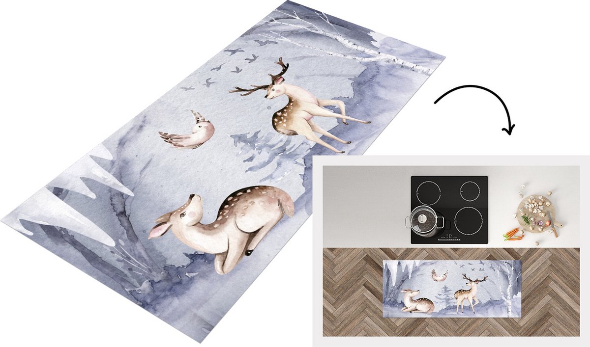 KitchenYeah Keukenloper - Loper keuken - Winter - Hert - Vogel - 120x50 cm - Keukenloper vinyl Multicolor