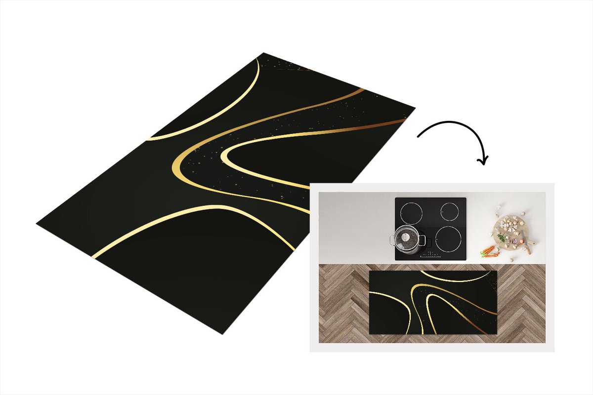 KitchenYeah Keukenloper - Loper keuken - Gouden golven op een zwarte achtergrond - 120x60 cm - Keukenloper vinyl Multicolor