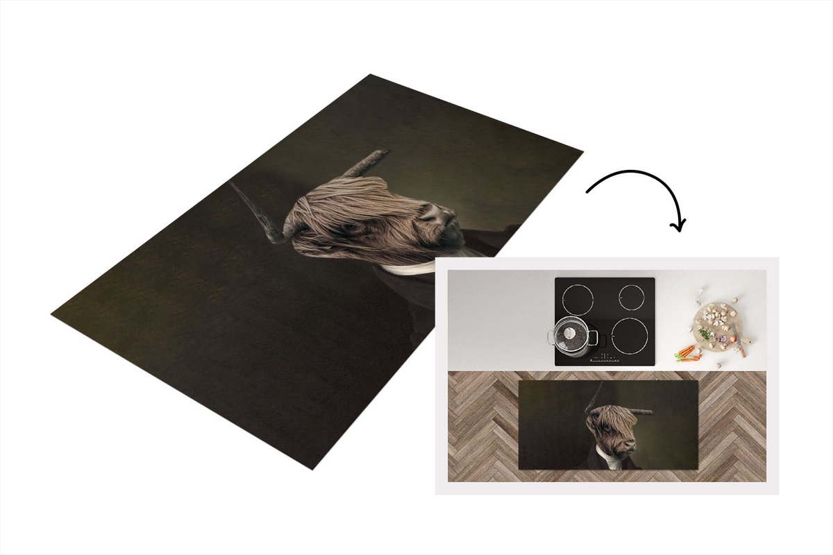 KitchenYeah Keukenloper - Loper keuken - Schotse hooglander - Kunst - Dierenkop - 120x60 cm - Keukenloper vinyl Multicolor