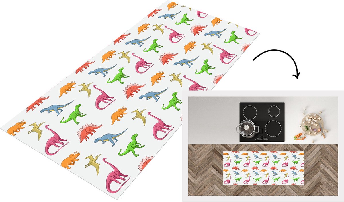 KitchenYeah Keukenloper - Loper keuken - Patronen - Dino - Kinderen - 120x50 cm - Keukenloper vinyl Multicolor