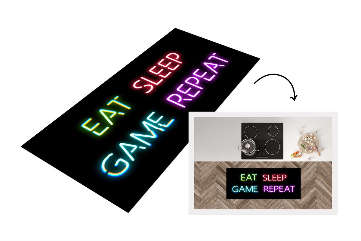KitchenYeah Keukenloper - Loper keuken - Gaming - Neon - Eat sleep game repeat - 120x50 cm - Keukenloper vinyl Multicolor