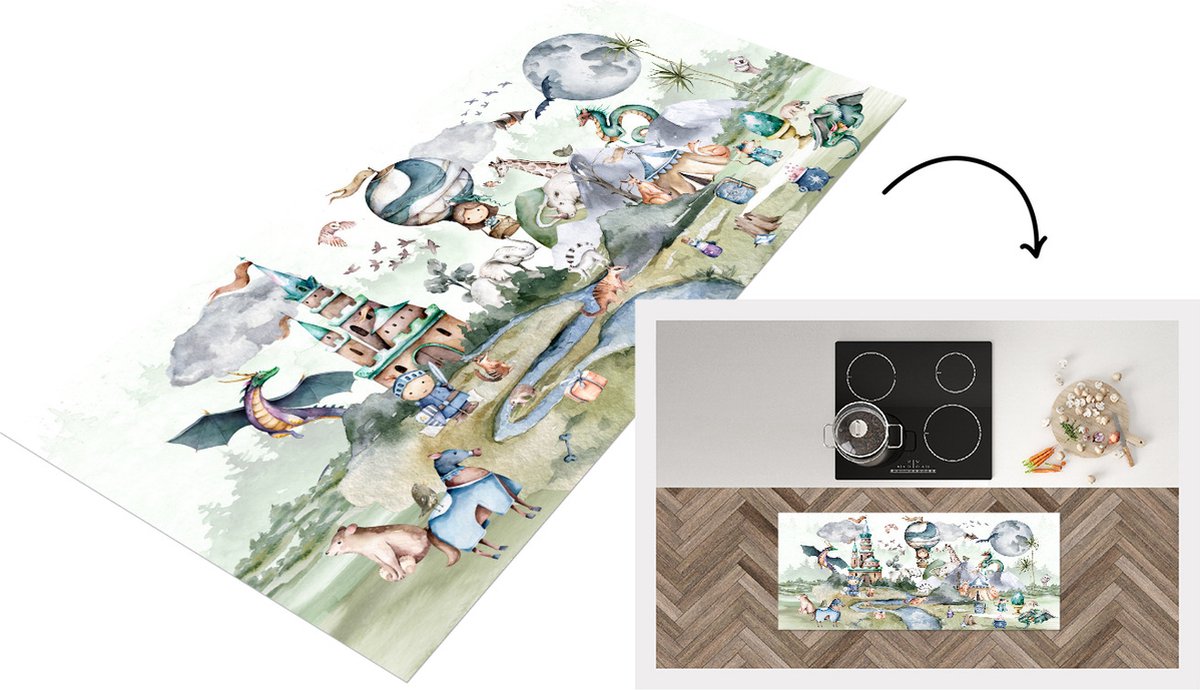 KitchenYeah Keukenloper - Loper keuken - Luchtballon - Draak - Kinderen - 120x50 cm - Keukenloper vinyl Multicolor