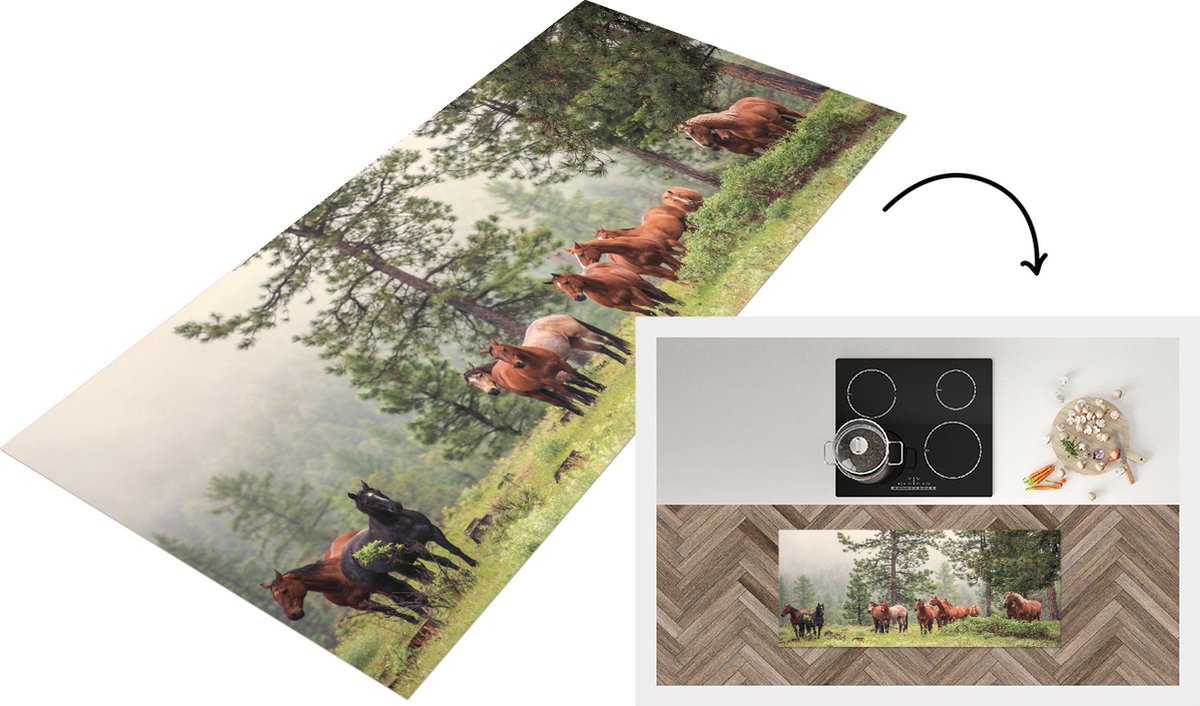 Keukenloper - Loper keuken - Paarden - Bos - Mist - 120x50 cm - Keukenloper vinyl