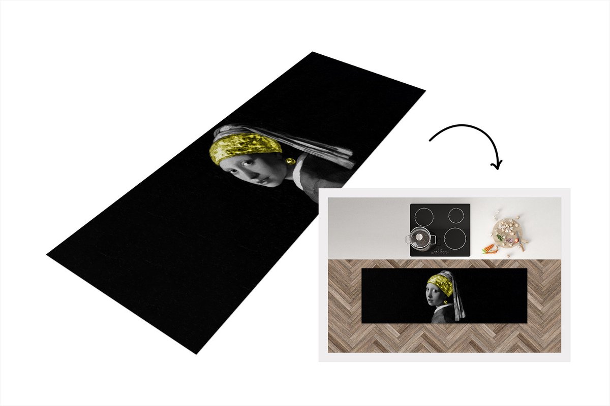 KitchenYeah Keukenloper - Loper keuken - Meisje met de parel - Black en gold - Vermeer - 180x60 cm - Keukenloper vinyl Multicolor