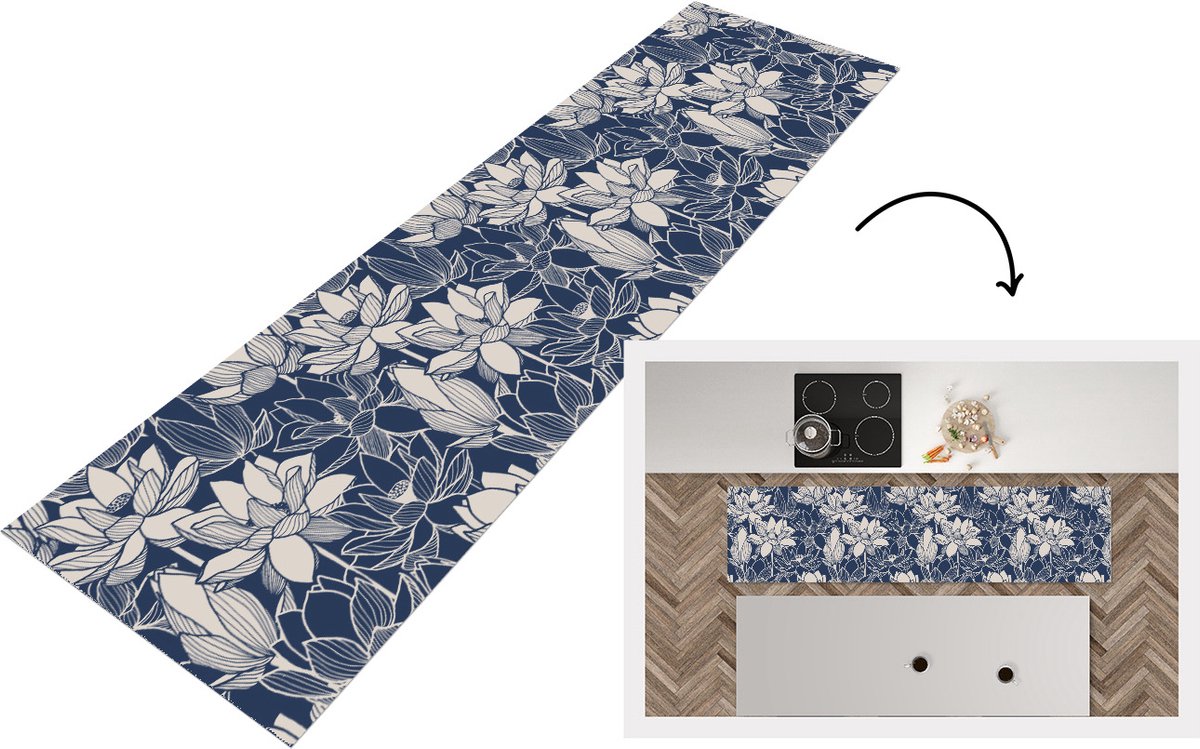 KitchenYeah Keukenloper - Loper keuken - Lotus - Blauw - Patronen - Keukenloper vinyl, foto 3