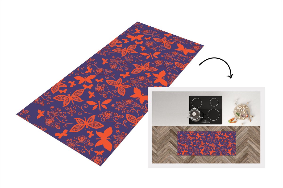 KitchenYeah Keukenloper - Loper keuken - Vlinder - Libelle - Rood - Patronen - 120x50 cm - Keukenloper vinyl Multicolor