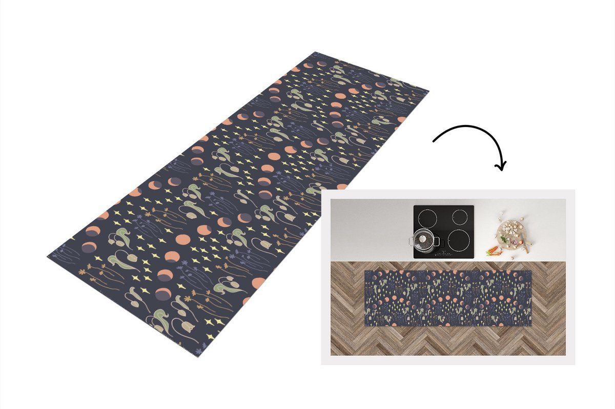 KitchenYeah Keukenloper - Loper keuken - Ruimte - Maan - Sterren - Bloemen - Patroon - 150x50 cm - Keukenloper vinyl Multicolor