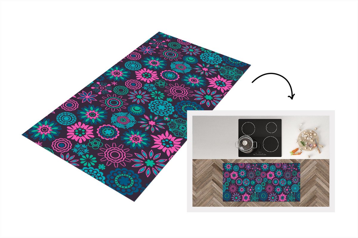 KitchenYeah Keukenloper - Loper keuken - Neon - Bloemen - Patronen - 120x60 cm - Keukenloper vinyl Multicolor