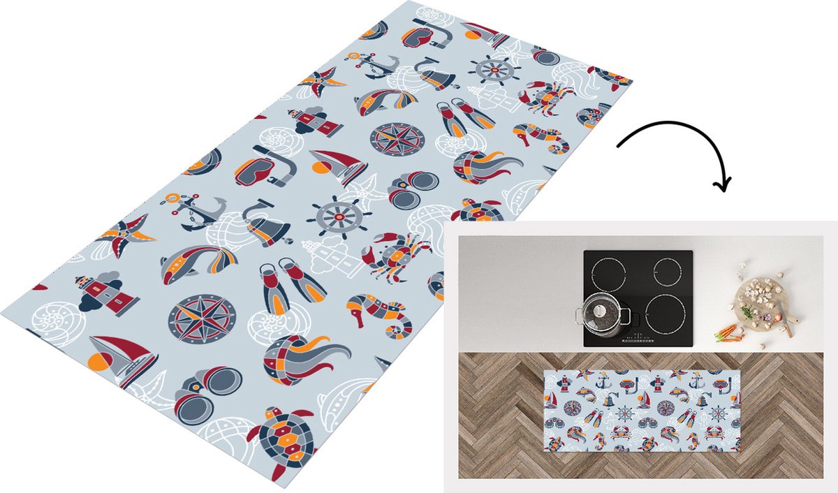 KitchenYeah Keukenloper - Loper keuken - Zee - Dieren - Patronen - Kinderen - Marine - 120x50 cm - Keukenloper vinyl Multicolor
