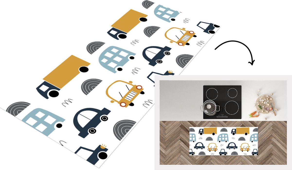 KitchenYeah Keukenloper - Loper keuken - Patroon - Jongens - Auto - Kind - 120x50 cm - Keukenloper vinyl Multicolor