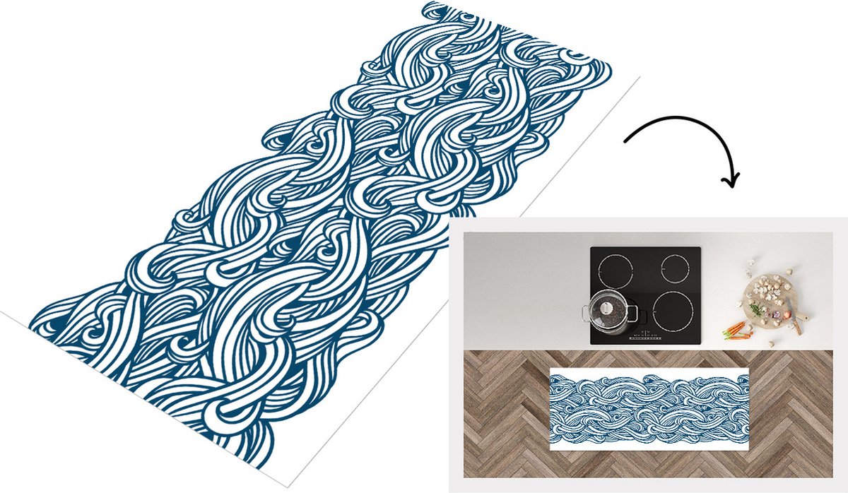 KitchenYeah Keukenloper - Loper keuken - Patroon - Golven - Zee - 120x50 cm - Keukenloper vinyl Multicolor