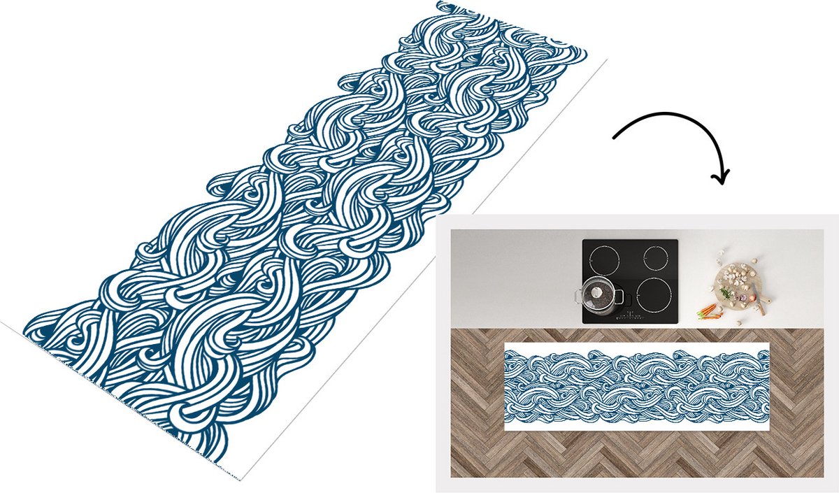 KitchenYeah Keukenloper - Loper keuken - Patroon - Golven - Zee - 150x50 cm - Keukenloper vinyl Multicolor