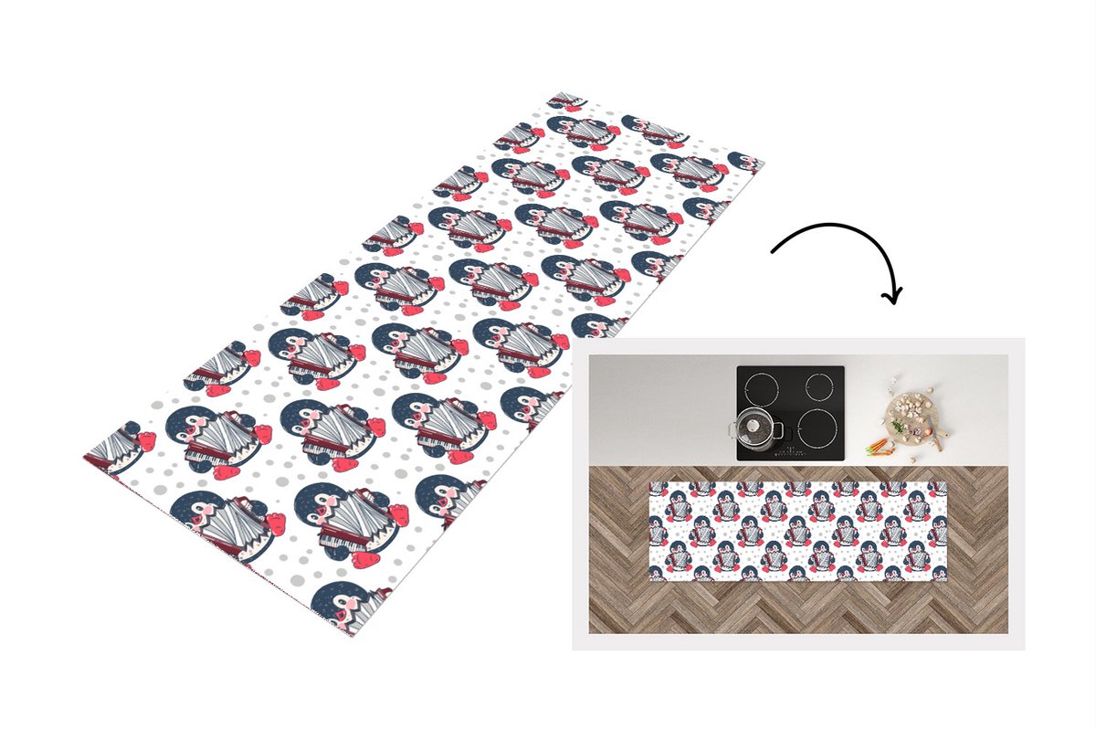 KitchenYeah Keukenloper - Loper keuken - Accordeon - Pinguïn - Patronen - 180x60 cm - Keukenloper vinyl Multicolor
