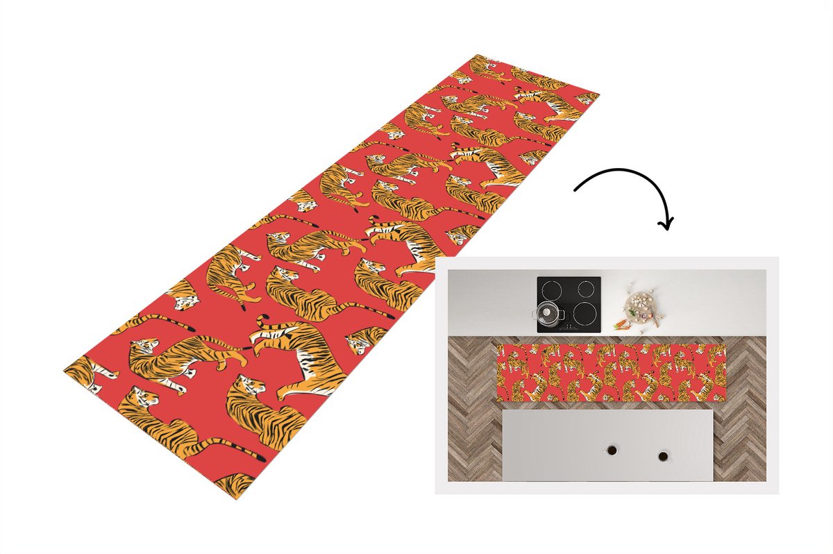 KitchenYeah Keukenloper - Loper keuken - Tiger - Jungle - Patronen - 200x50 cm - Keukenloper vinyl Multicolor