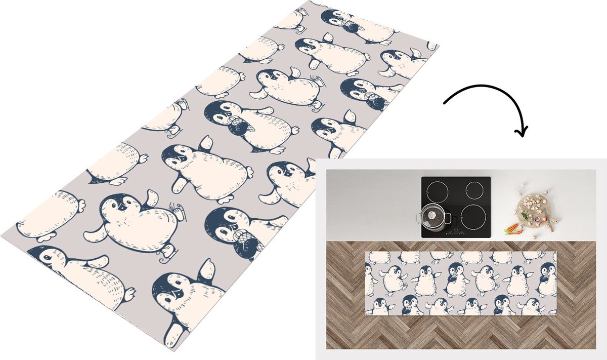 KitchenYeah Keukenloper - Loper keuken - Patronen - Pinguïn - IJs - 150x50 cm - Keukenloper vinyl Multicolor