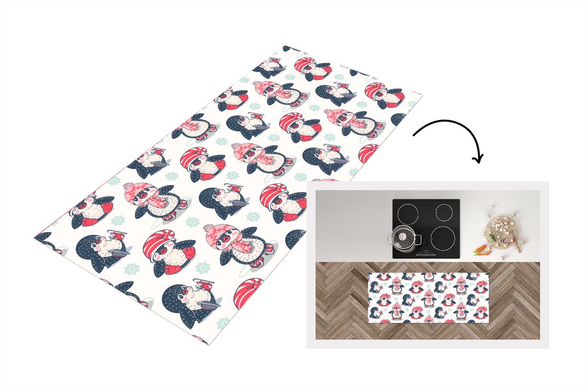 KitchenYeah Keukenloper - Loper keuken - Schaatsen - Patronen - Pinguïn - 120x50 cm - Keukenloper vinyl Multicolor