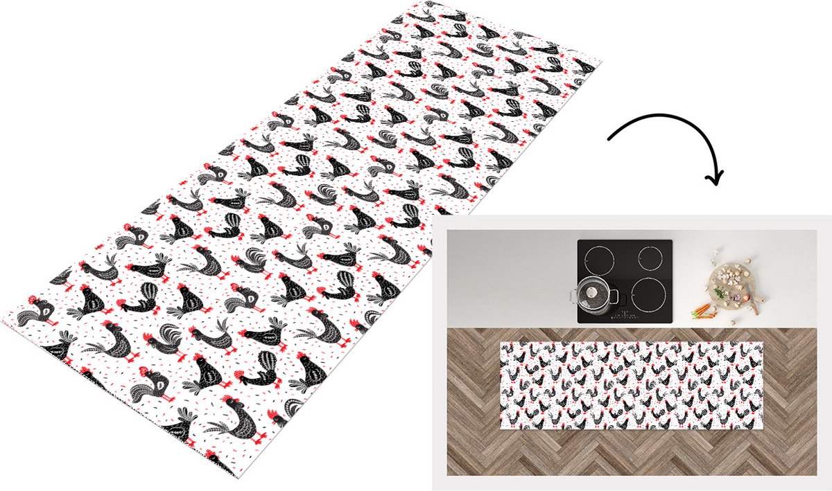 KitchenYeah Keukenloper - Loper keuken - Patroon - Kip - Vogel - 180x60 cm - Keukenloper vinyl Multicolor