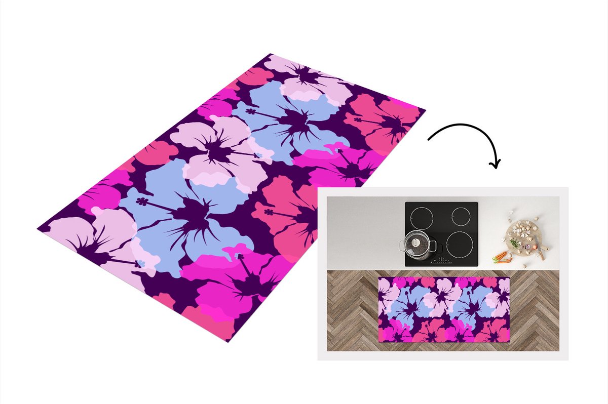 KitchenYeah Keukenloper - Loper keuken - Pastel - Hibiscus - Bloem - Hawaii - Design - 120x60 cm - Keukenloper vinyl Multicolor