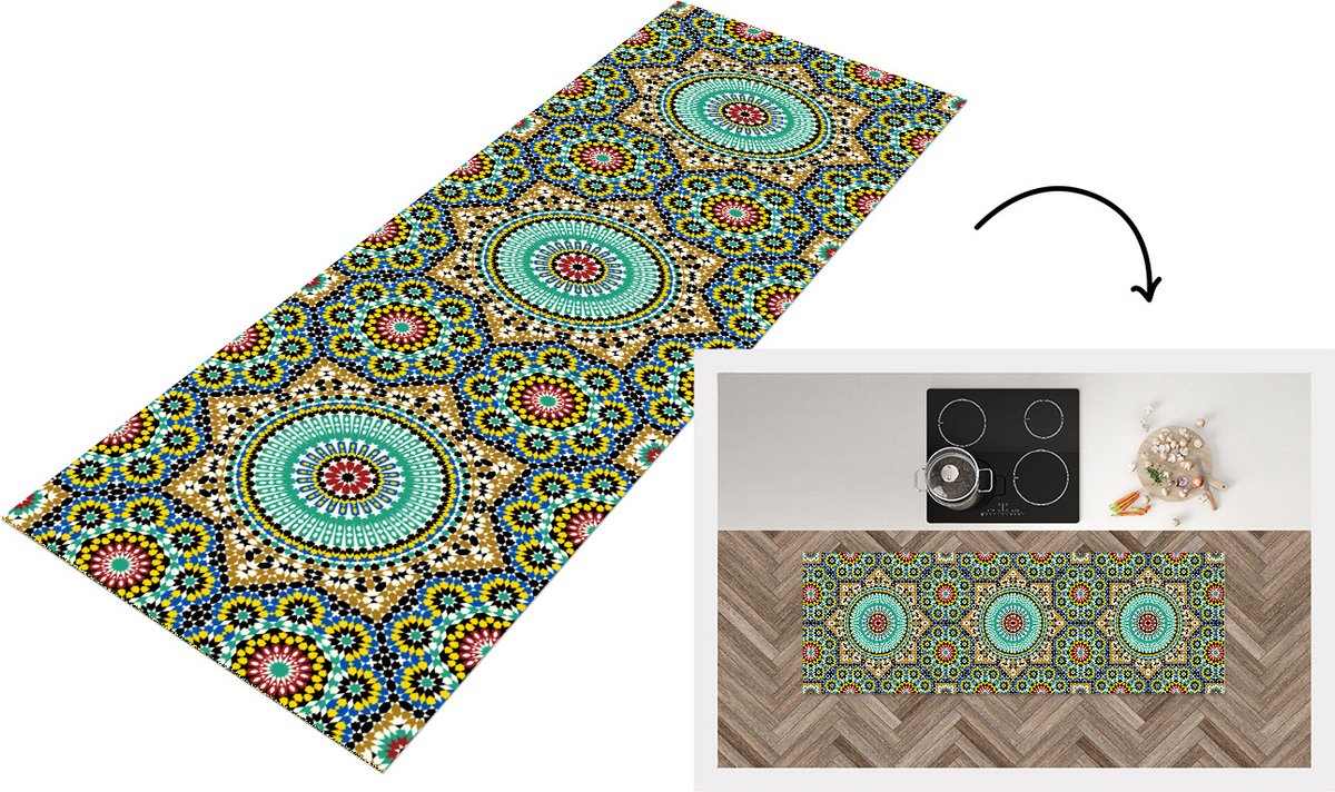 KitchenYeah Keukenloper - Loper keuken - Mozaïek - Patronen - Mandala - 150x50 cm - Keukenloper vinyl Multicolor
