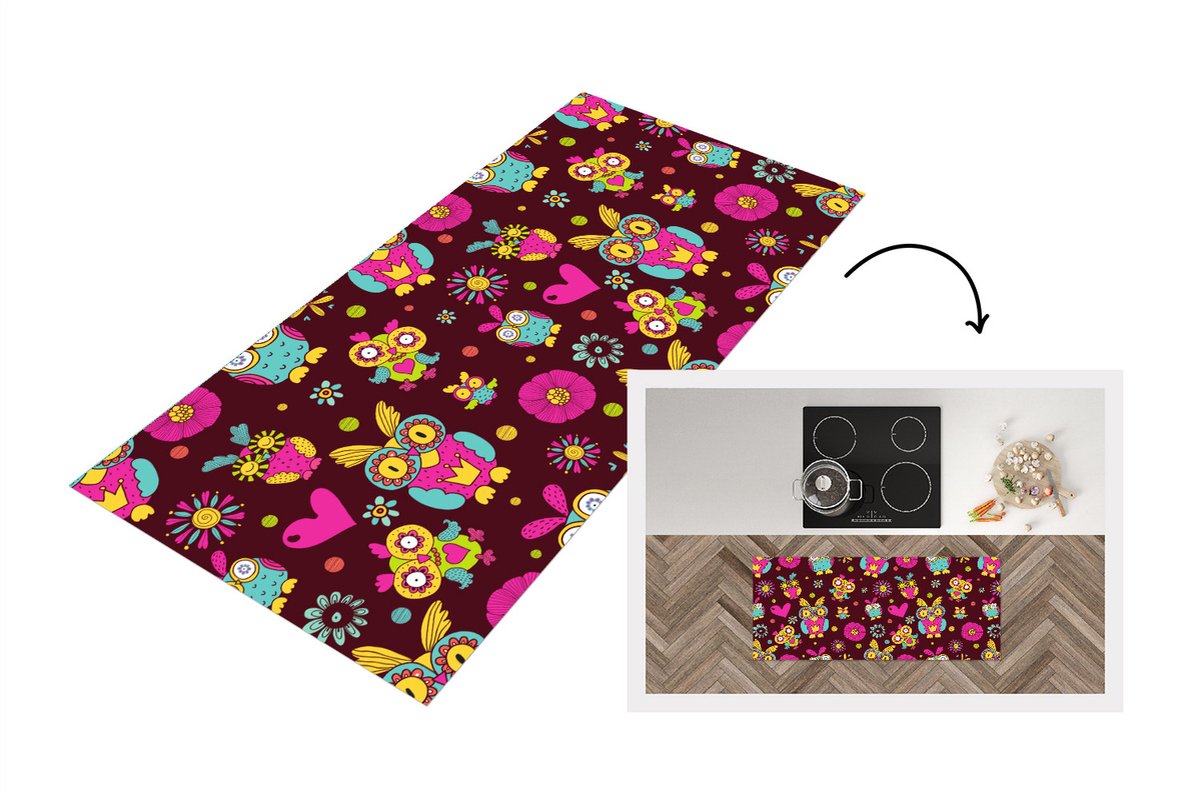 KitchenYeah Keukenloper - Loper keuken - Meisjes - Uil - Chocolade - Patronen - 120x50 cm - Keukenloper vinyl Multicolor