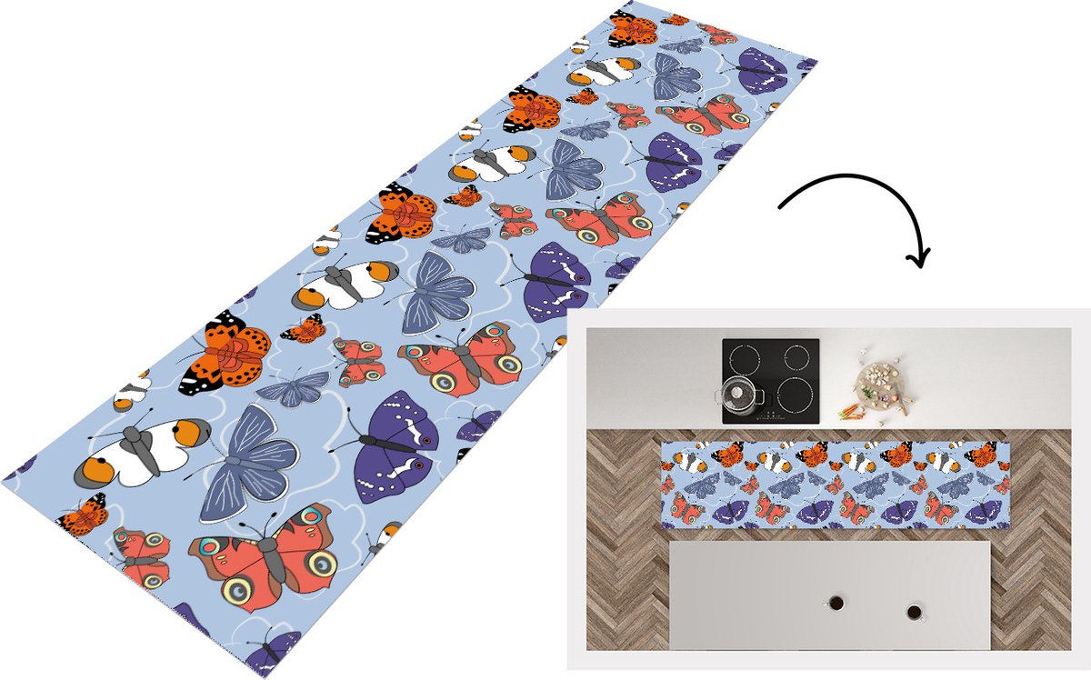 KitchenYeah Keukenloper - Loper keuken - Meisjes - Vlinder - Oranje - Patronen - 240x60 cm - Keukenloper vinyl Multicolor