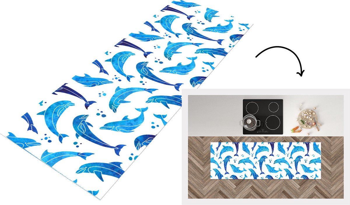 KitchenYeah Keukenloper - Loper keuken - Meisjes - Dolfijn - Dieren - Patronen - 150x50 cm - Keukenloper vinyl Multicolor