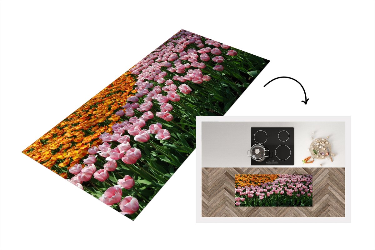 KitchenYeah Keukenloper - Loper keuken - Gekleurde tulpen in de Keukenhof - 120x50 cm - Keukenloper vinyl Multicolor