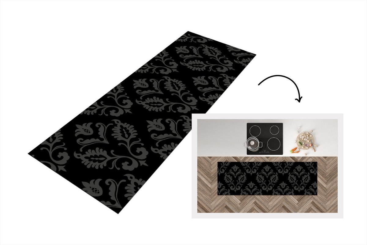 KitchenYeah Keukenloper - Loper keuken - Barok - Zwart - Patroon - 150x50 cm - Keukenloper vinyl Multicolor