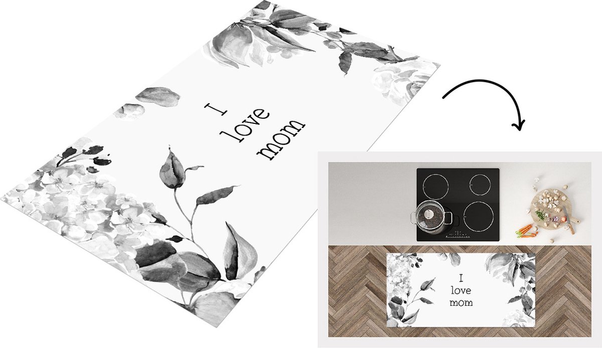 KitchenYeah Keukenloper - Loper keuken - Spreuken - Quotes I Love Mom - Moederdag - Bloemen - Mama - Moeder - zwart wit - 120x60 cm - Keukenloper vinyl Zwart; Wit
