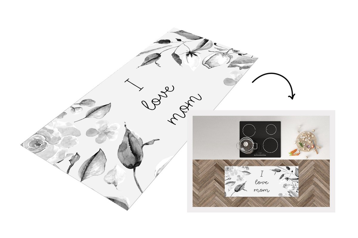 KitchenYeah Keukenloper - Loper keuken - Spreuken - Quotes I Love Mom - Moederdag - Moeder - I love you - Bloemen - zwart wit - 120x50 cm - Keukenloper vinyl Zwart; Wit
