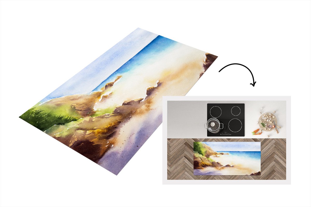 KitchenYeah Keukenloper - Loper keuken - Zee - Berg - Waterverf - 120x60 cm - Keukenloper vinyl Multicolor
