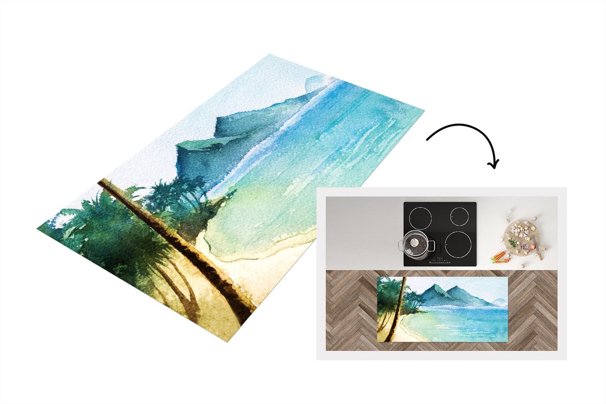 KitchenYeah Keukenloper - Loper keuken - Zee - Palmboom - Berg - 120x60 cm - Keukenloper vinyl Multicolor