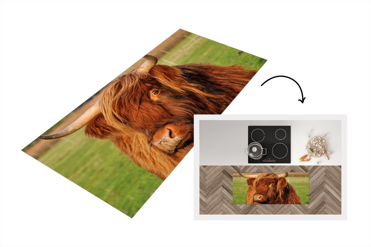 KitchenYeah Keukenloper - Loper keuken - Schotse Hooglander - Gras - Boom - 120x50 cm - Keukenloper vinyl Multicolor