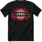 1991 Premium Quality | Feest Kado T-Shirt Heren - Dames | Rood - Zilver | Perfect Verjaardag Cadeau Shirt | Grappige Spreuken - Zinnen - Teksten | Maat S
