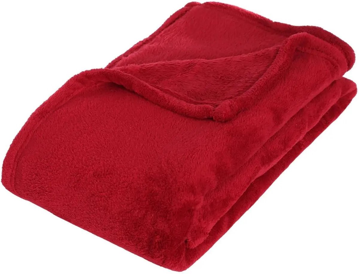 Atmosphera Fleece deken of plaid harig - rood - 130 x 180 cm - polyester - Bankdeken - Fleece plaid