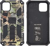 Hoesje Geschikt voor iPhone 12 (Pro) Hoesje - Rugged Extreme Backcover Blaadjes Camouflage met Kickstand - Groen