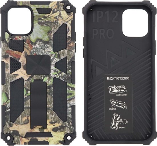 Hoesje Geschikt voor iPhone 12 (Pro) Hoesje - Rugged Extreme Backcover Blaadjes Camouflage met Kickstand - Groen