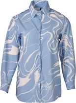 Dames blouse lange mouwen design print met klassieke kraag - pastel blauw/wit | Maat S