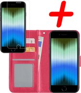 Hoes voor iPhone SE 2022 Hoesje Bookcase Met Screenprotector - Hoes voor iPhone SE 2022 Case Hoes Cover - Hoes voor iPhone SE 2022 Screenprotector - Donker Roze