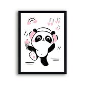 Poster Roze Panda met Muziekluisteren - Hartjes - Meisjeskamer - Babyshower / Geboorte Cadeau - Babykamer - 30x21cm / A4 - Postercity