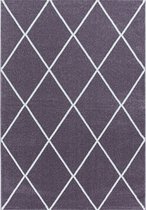 Woonkamer vloerkleed laagpolig ruitpatroon lijnen kleur paars