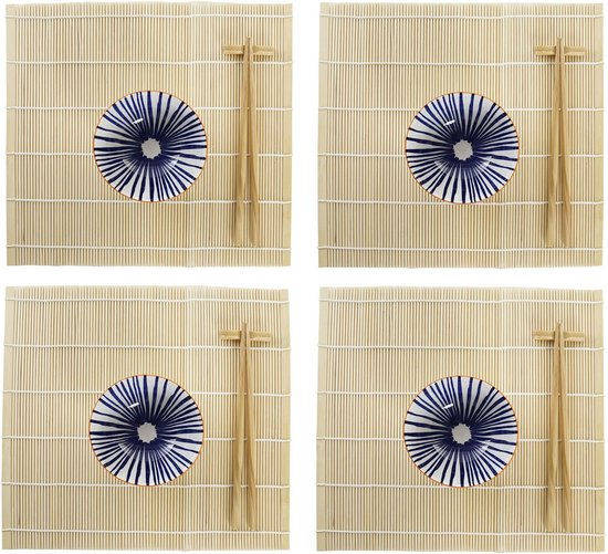 16delige sushi serveer set aardewerk voor 4 personen blauw/wit Sushi