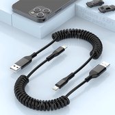 Uitrekbare Lightning-kabel voor Auto 2-pack,  Krulsnoer iPhone-oplaadkabel compatibel met iPhone 12Pro Max/12Pro/12/11/XS/XS Max/XR/X/8/8 Plus/iPad/iPod - Zwart