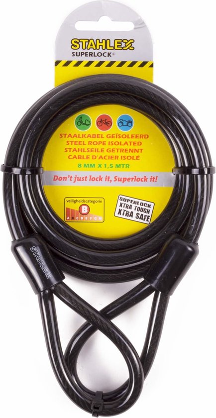 Zwarte Stahlex Superlock staalkabel met lussen, 8 mm x 1,5 mtr.