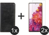 Samsung S21 FE hoesje bookcase zwart Luxe PU Leer wallet case portemonnee book case hoes cover - 2x Samsung S21 FE screenprotector