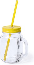 1x stuks Glazen Mason Jar drinkbekers gele dop en rietje 500 ml - afsluitbaar/niet lekken/fruit shakes