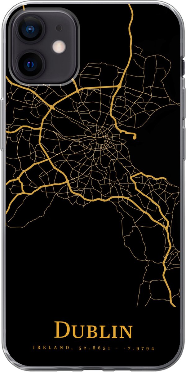 Telefoonhoesje Geschikt voor iPhone 12 mini hoesje - Dublin - Kaart - Goud - Siliconen Telefoonhoesje Telefoonhoesje